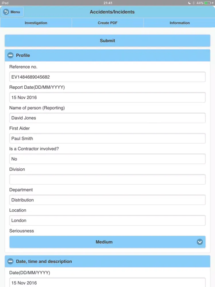 Tangkapan layar eVolution Incident Reporting iPad 