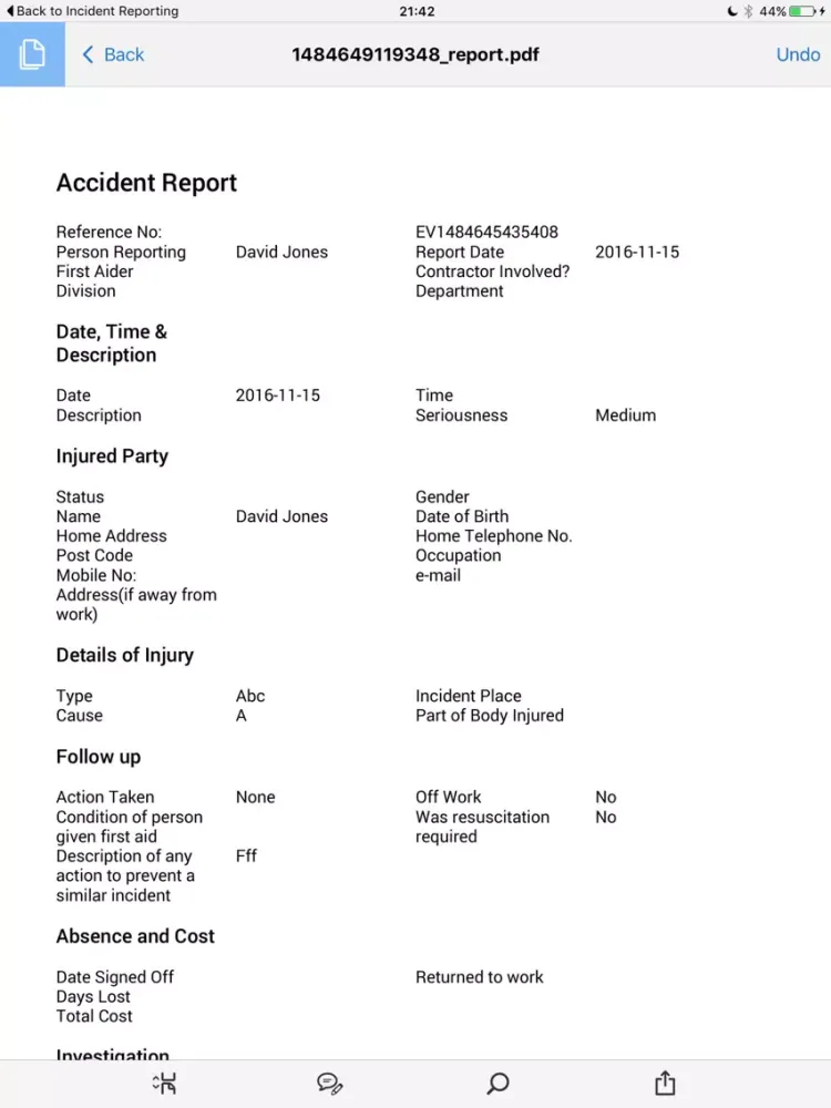 Tangkapan layar eVolution Incident Reporting iPad 
