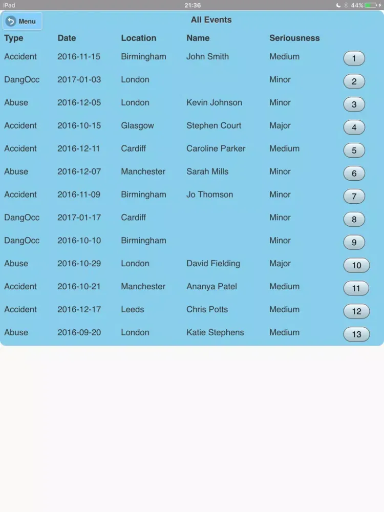 Tangkapan layar eVolution Incident Reporting iPad 