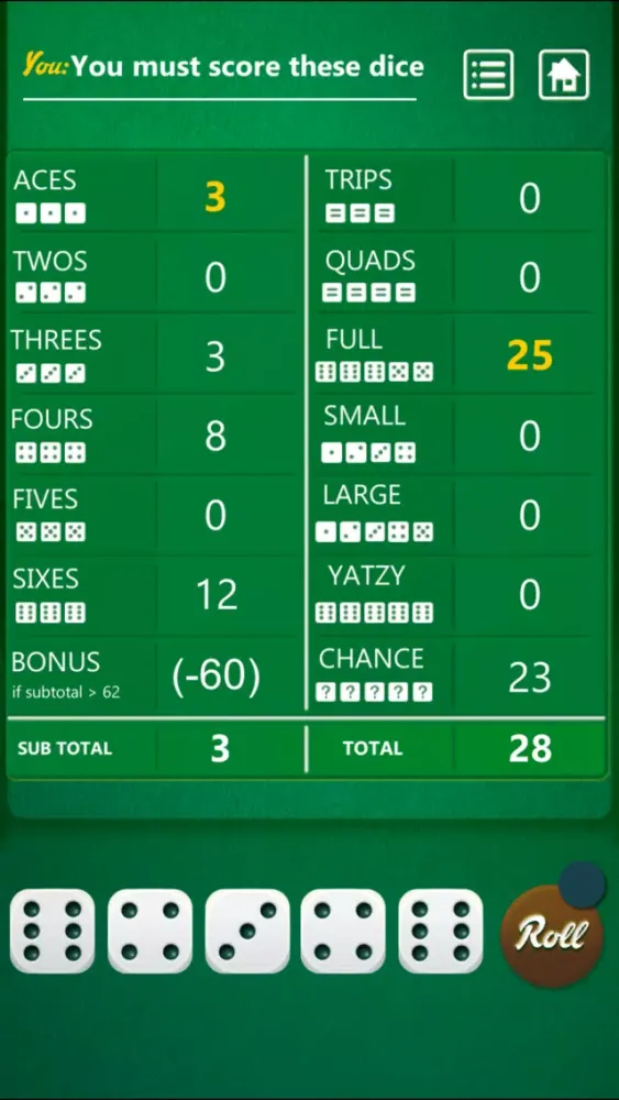 Tangkapan skrin Yatzy Dice Game