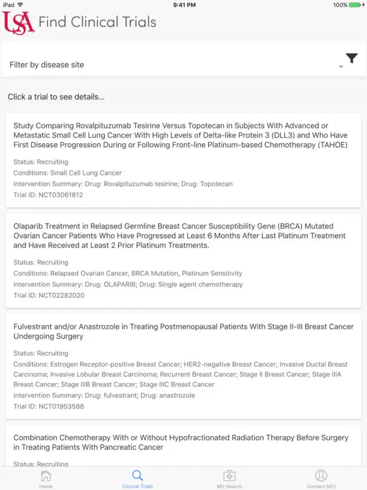 Capturas de tela do USA Health Clinical Trials iPad 