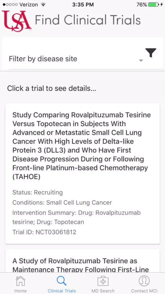 Capturas de tela do USA Health Clinical Trials