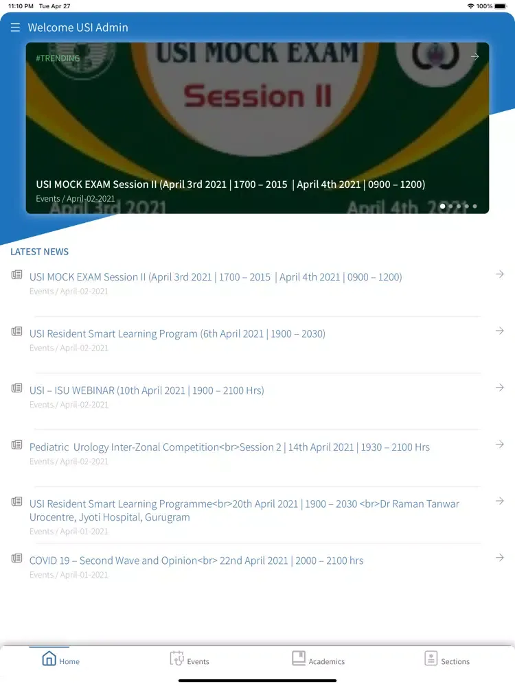 Ảnh chụp màn hình của Urological Society India (USI) iPad 