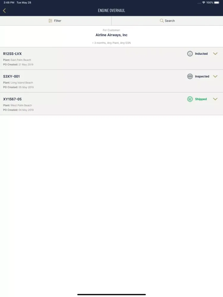 Tangkapan skrin Pratt & Whitney Track iPad 