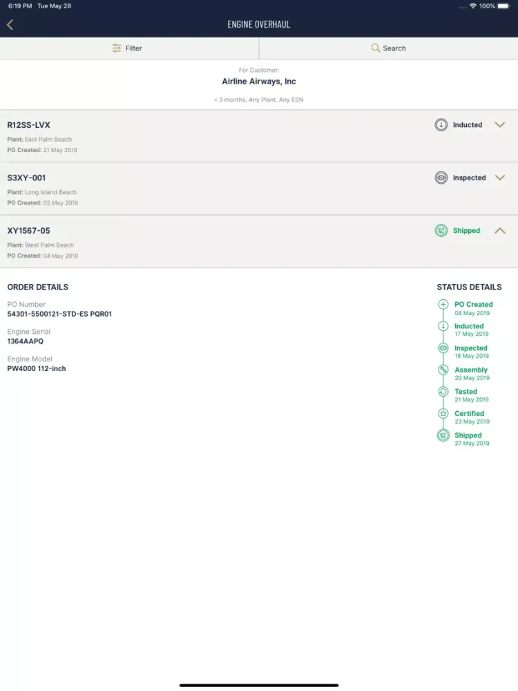 Tangkapan skrin Pratt & Whitney Track iPad 