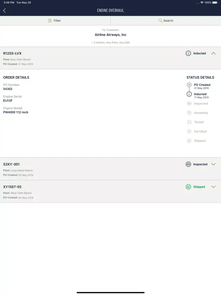 Tangkapan skrin Pratt & Whitney Track iPad 