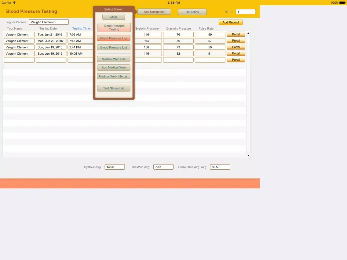 Tangkapan layar Blood Pressure Logbook iPad 