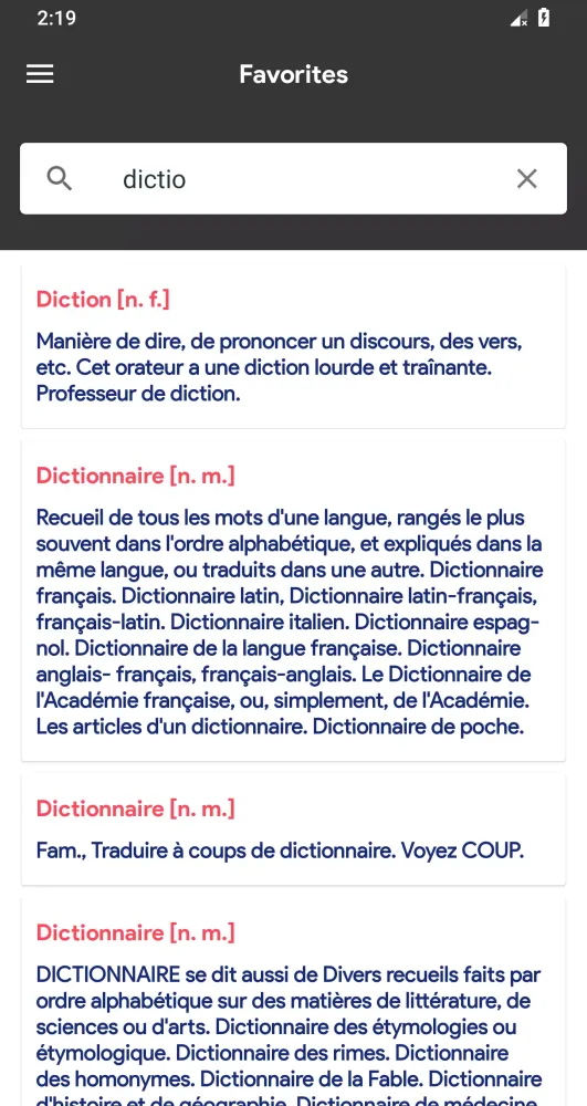 Tangkapan skrin Dictionnaire Français Français