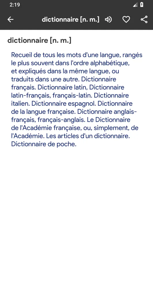 Tangkapan skrin Dictionnaire Français Français