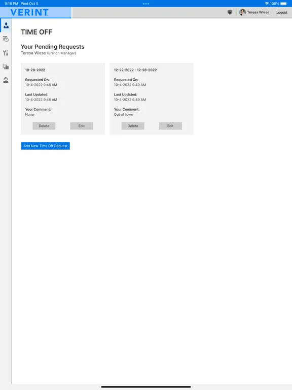 Ảnh chụp màn hình của Verint WFM for Branch iPad 