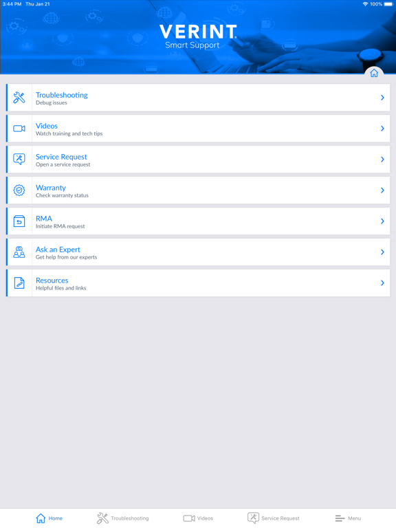 Ảnh chụp màn hình của Verint Smart Support iPad 