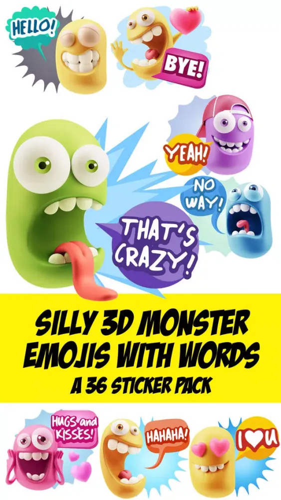Tangkapan layar Silly 3D Monster Emojis With Words Sticker Pack