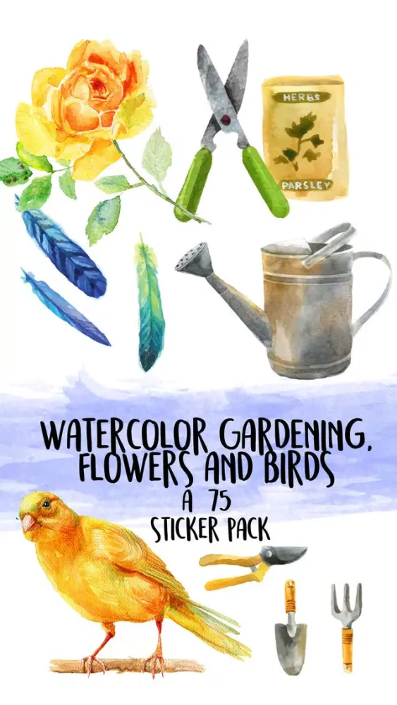 Watercolor Gardening Flowers and Birds Sticker Pac Ekran Görüntüleri