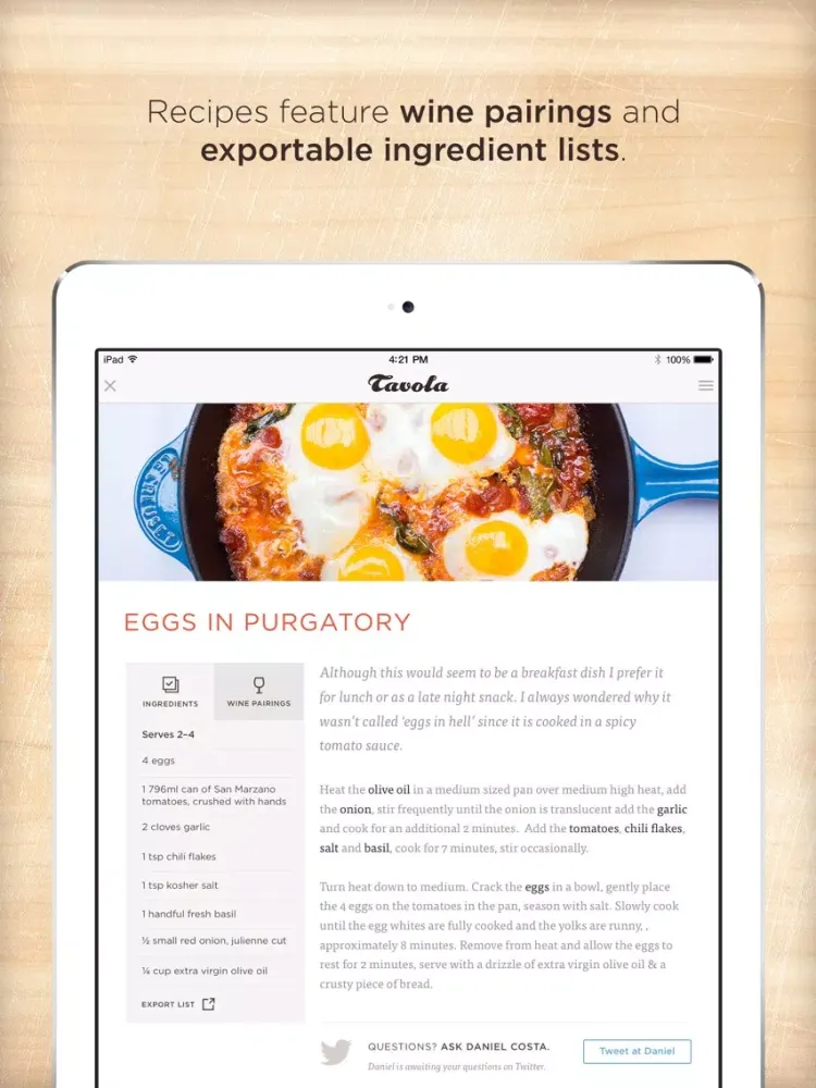 Ảnh chụp màn hình của Tavola - Italian recipes, wine pairings and music iPad 