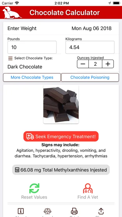 Ảnh chụp màn hình của Chocolate Toxicity Calculator