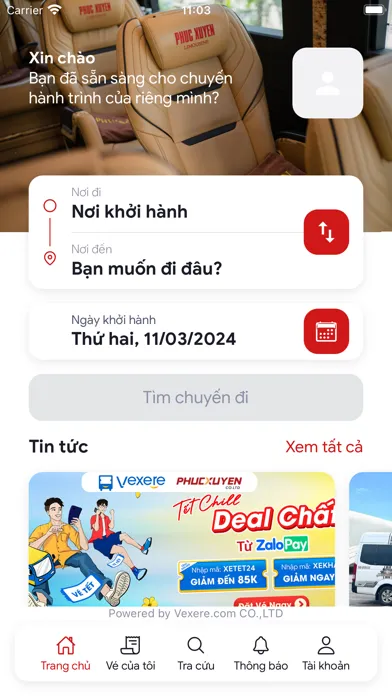 Ảnh chụp màn hình của Phúc Xuyên: Đặt vé xe khách
