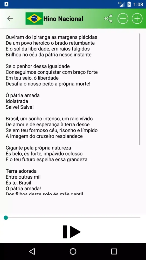 Capturas de tela do Hinos do Brasil