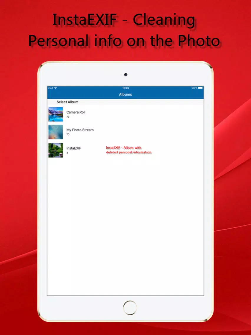 Insta EXIF. Cleaning personal info iPad 應用截圖