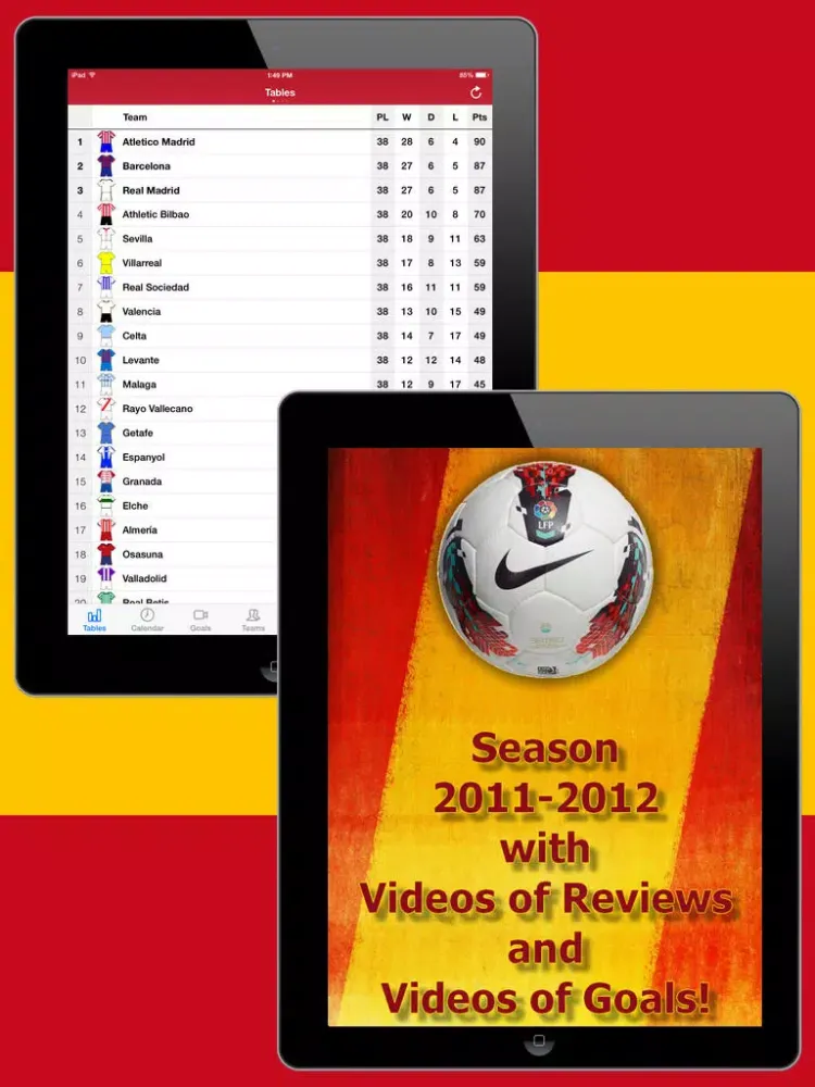 Tangkapan skrin Football Scores Spanish 2011-2012 Standing Video of goals Lineups Scorers Teams info iPad 