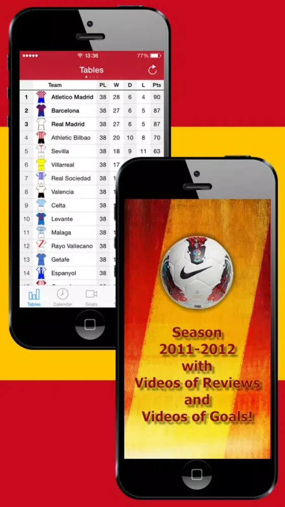 Tangkapan skrin Football Scores Spanish 2011-2012 Standing Video of goals Lineups Scorers Teams info