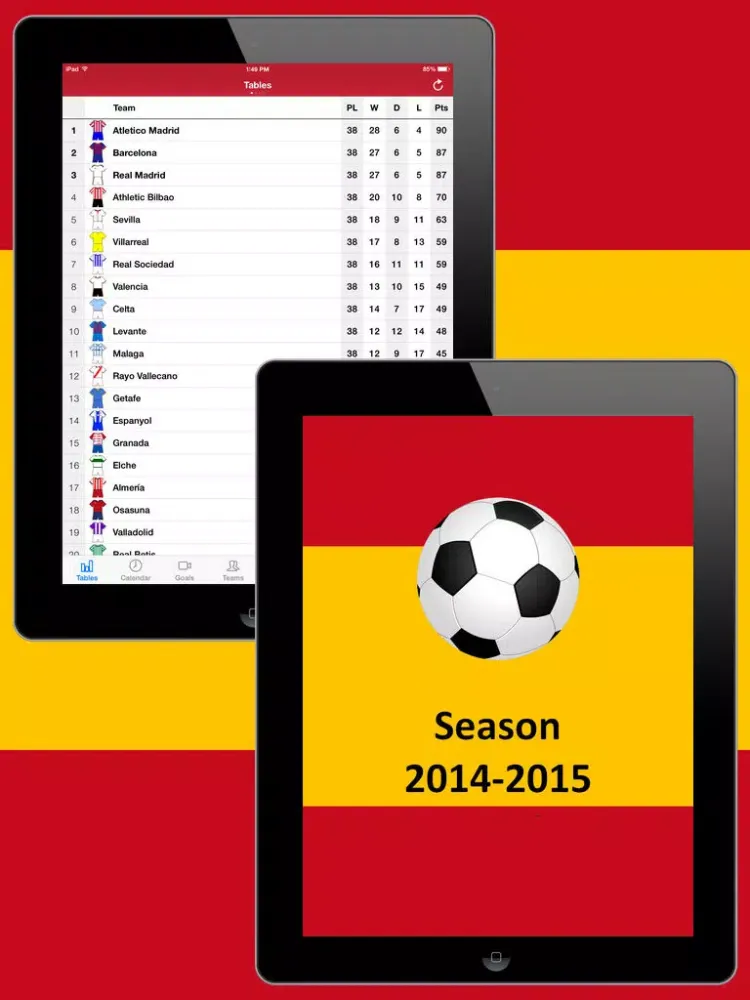 Capturas de tela do Football Scores Spanish 2014-2015 Standing Video of goals Lineups Scorers Teams info iPad 