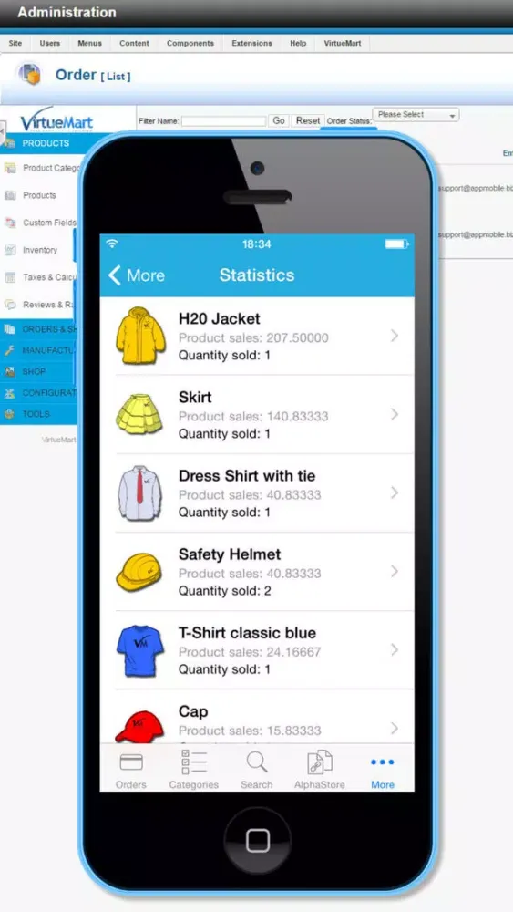 Orders Manager VirtueMart Shop Statictics browser. eCommerce AlphaStore - Marketplace, Catalogue, Messenger স্ক্রিনশট