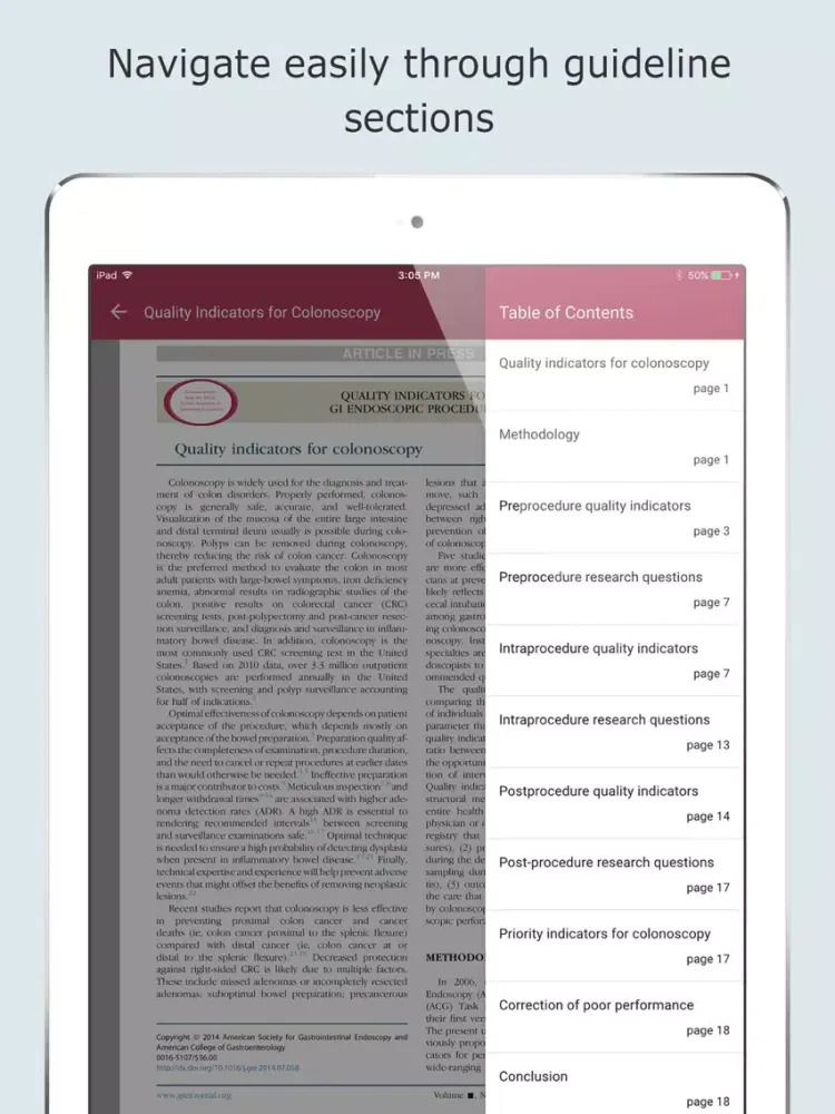 Ảnh chụp màn hình của ASGE Clinical Guidelines iPad 