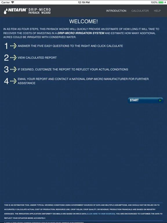 Capturas de tela do Netafim Payback Wizard iPad 