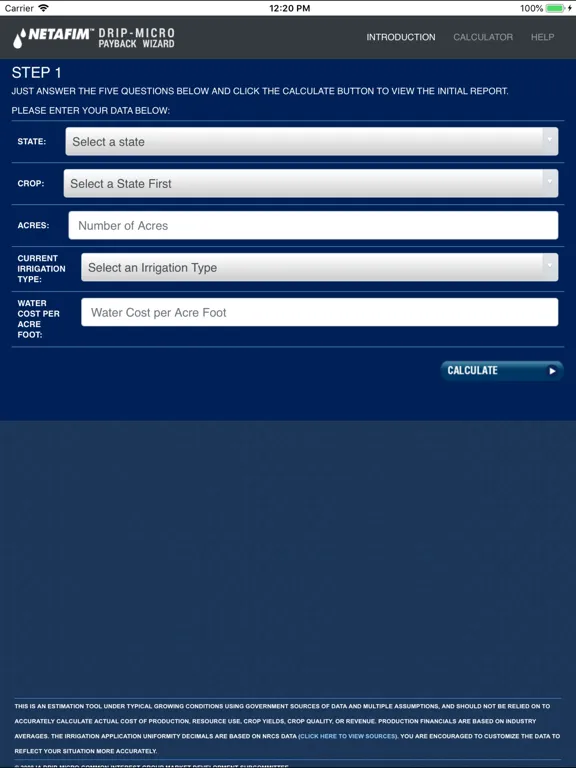 Capturas de tela do Netafim Payback Wizard iPad 