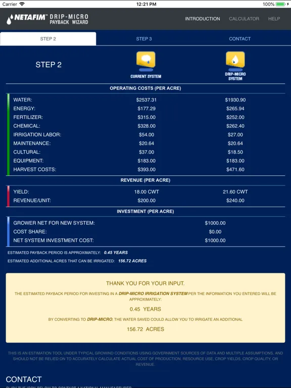 Capturas de tela do Netafim Payback Wizard iPad 