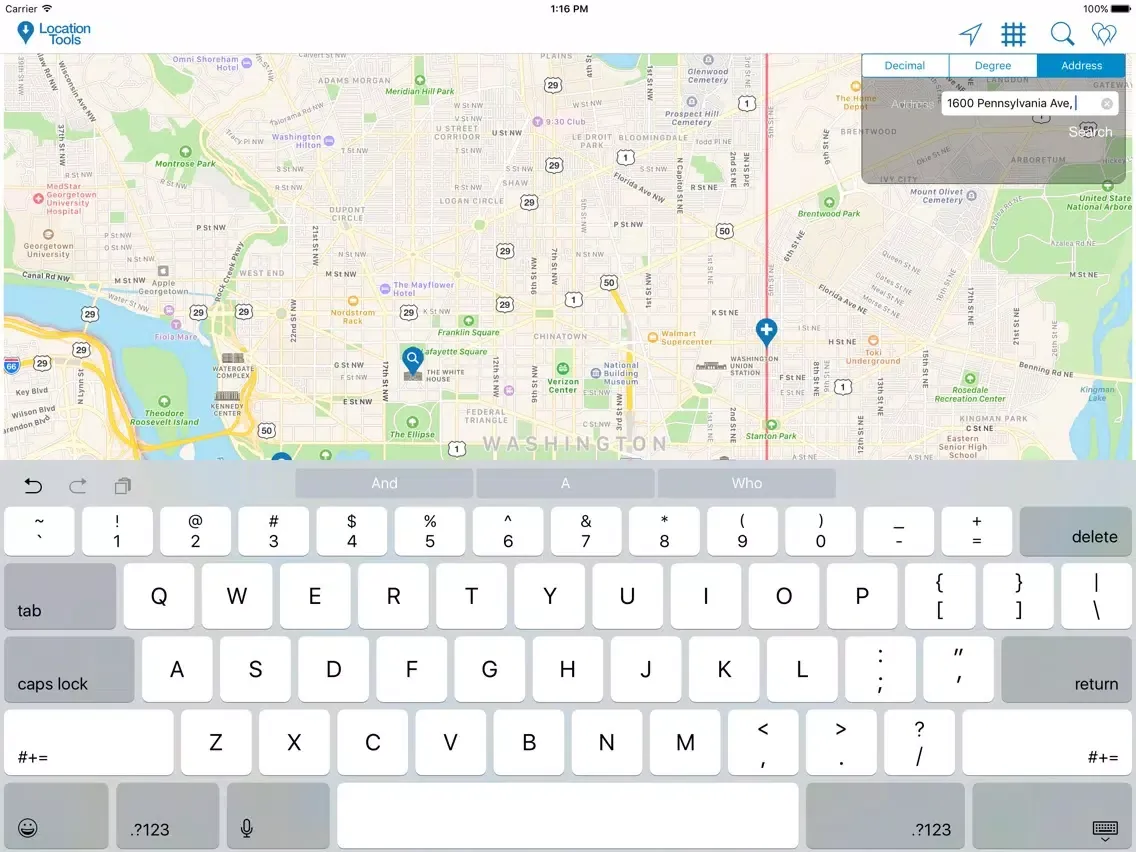 Tangkapan layar Location Tools iPad 