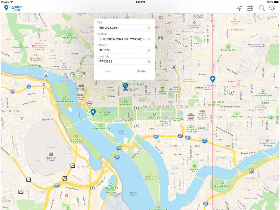 Tangkapan layar Location Tools iPad 