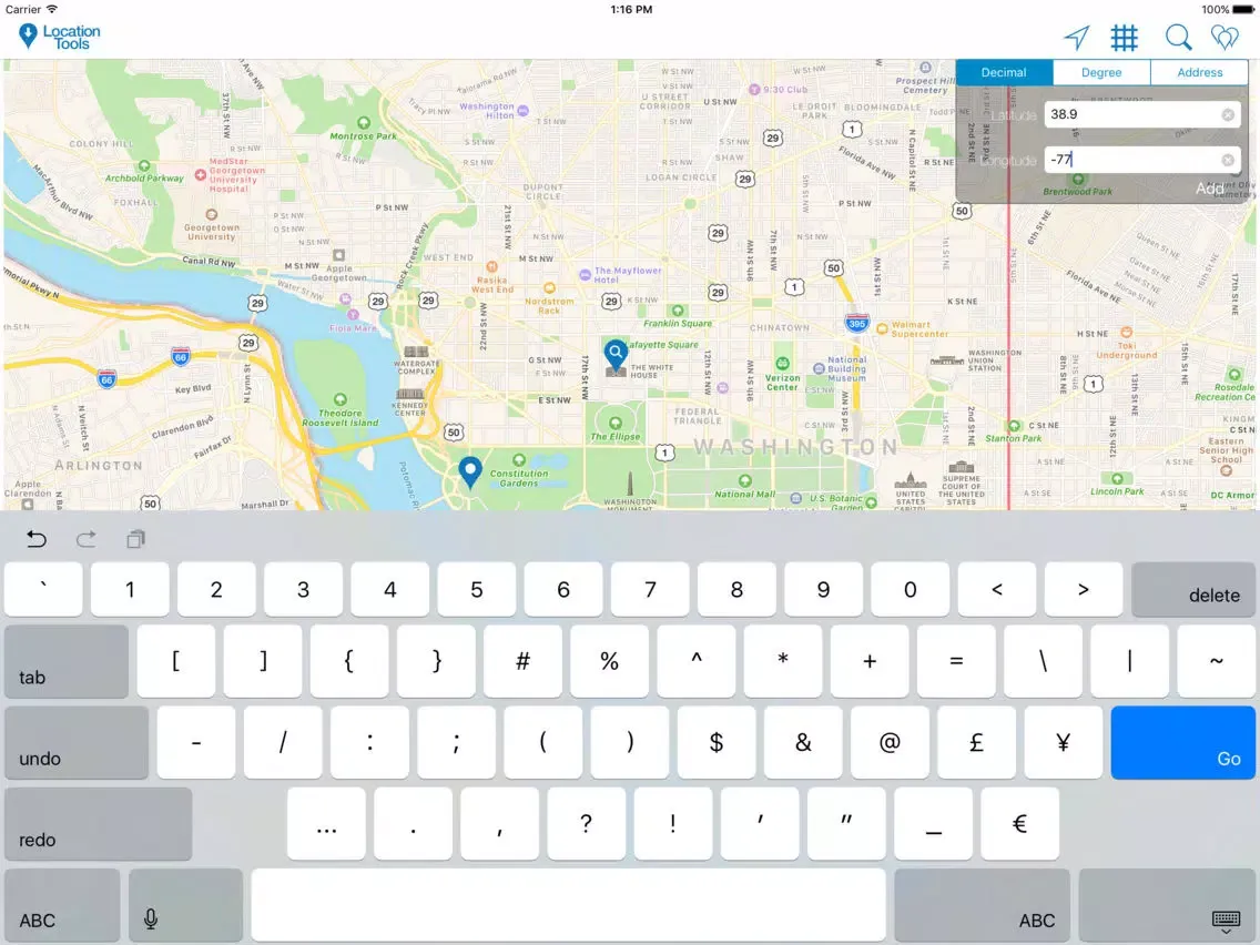 Tangkapan layar Location Tools iPad 
