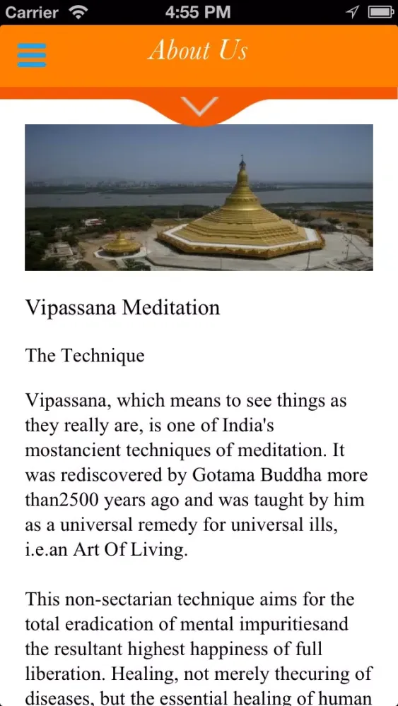 Capturas de tela do Vipassana Organization