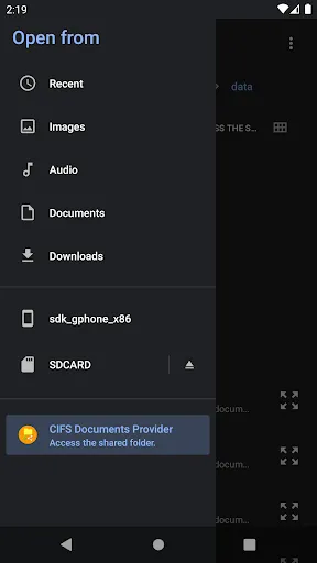 Capturas de tela do CIFS Documents Provider