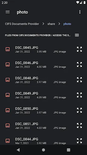Capturas de tela do CIFS Documents Provider