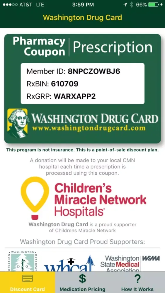 Capturas de tela do Washington Drug Card