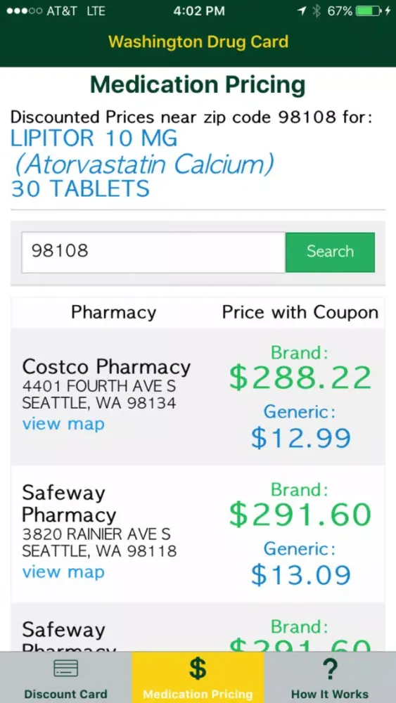 Capturas de tela do Washington Drug Card