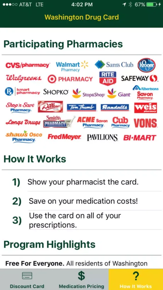 Capturas de tela do Washington Drug Card