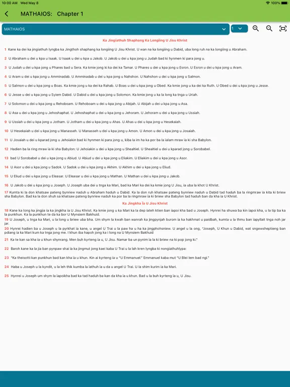 Ảnh chụp màn hình của Khasi New Testament iPad 