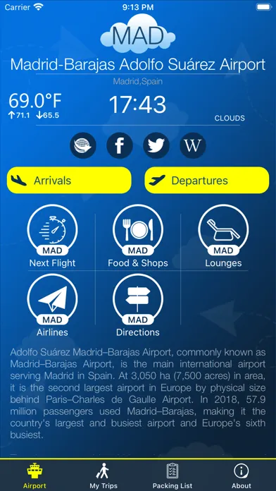 Tangkapan skrin Madrid Airport Info + Radar