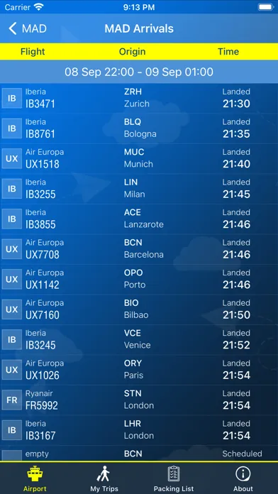 Tangkapan skrin Madrid Airport Info + Radar