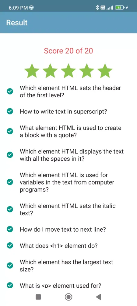 Capturas de tela do HTML Quiz