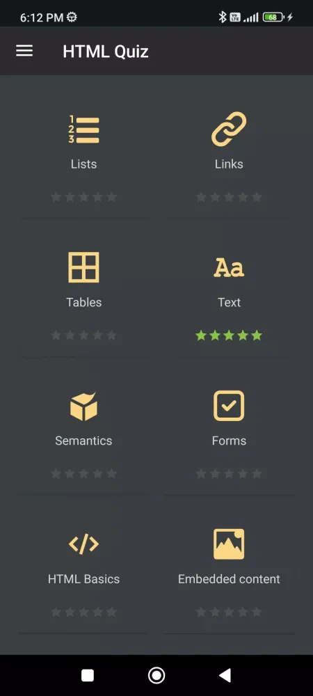 Capturas de tela do HTML Quiz