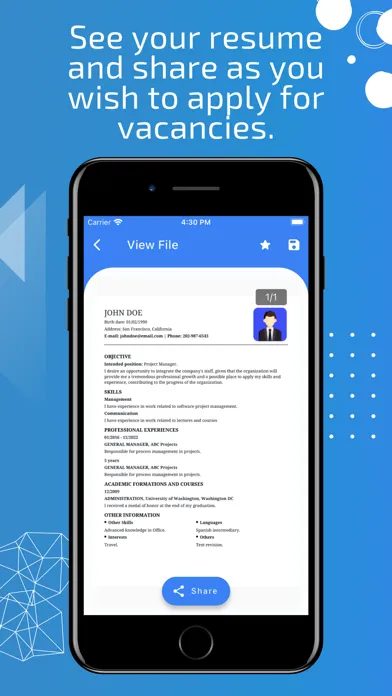 Resume and Business Card Screenshots