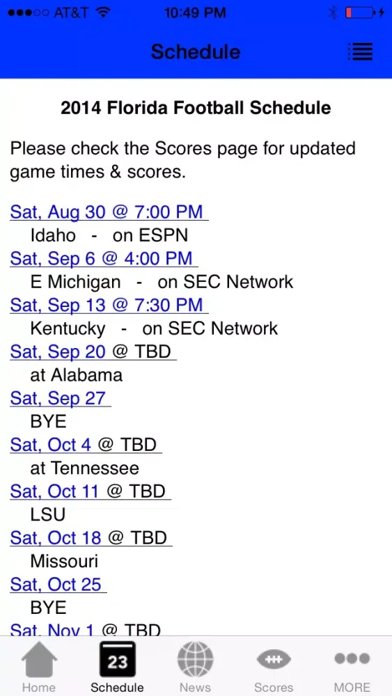 Tangkapan skrin College Sports - Florida Football Edition