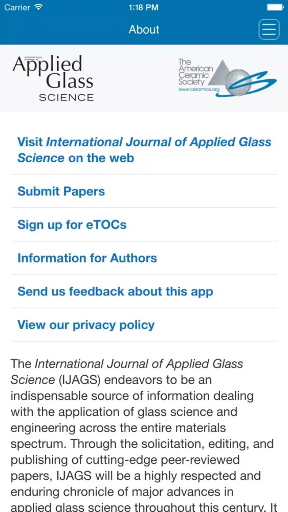 International Journal of Applied Glass Science應用截圖