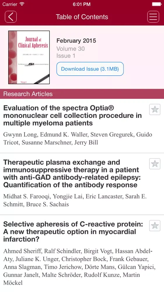 Screenshot di Journal of Clinical Apheresis