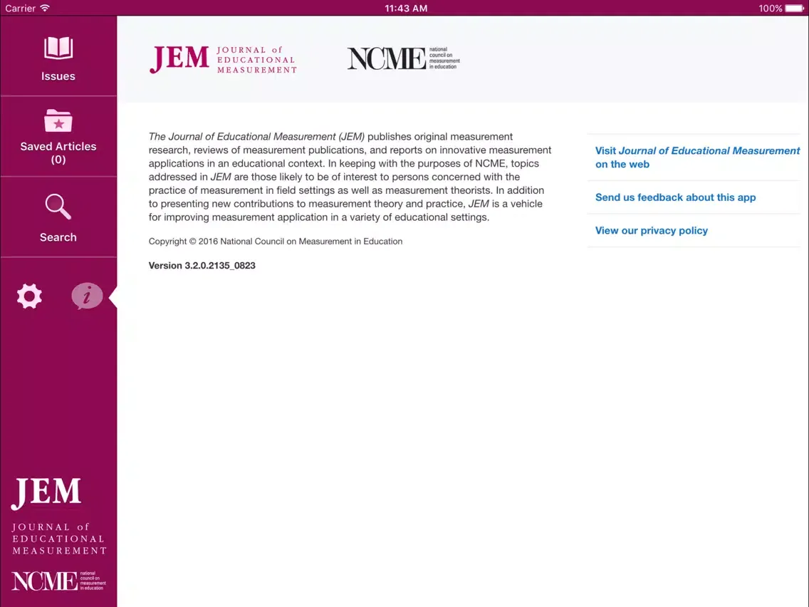 Capturas de tela do Journal of Educational Measurement iPad 