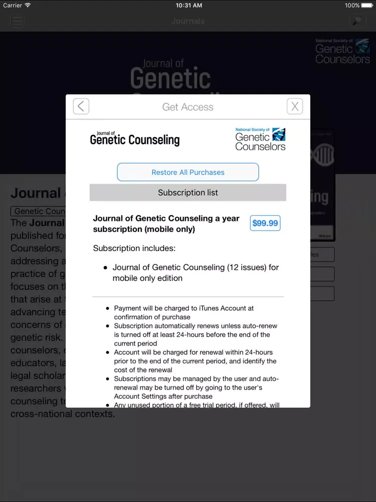 Capturas de tela do Journal of Genetic Counseling iPad 